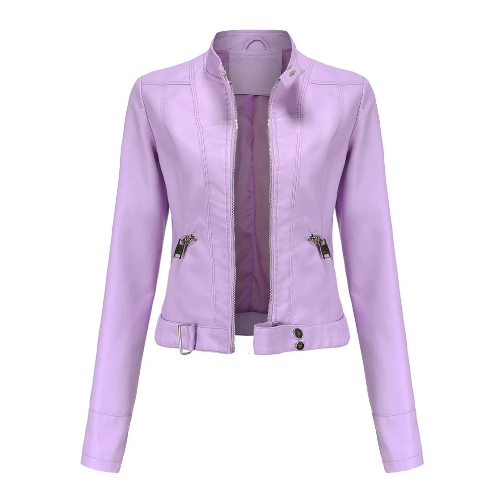 Veste en cuir pour femmes avec fermeture éclair, col montant et ceinture - Édition Automne – Image 5