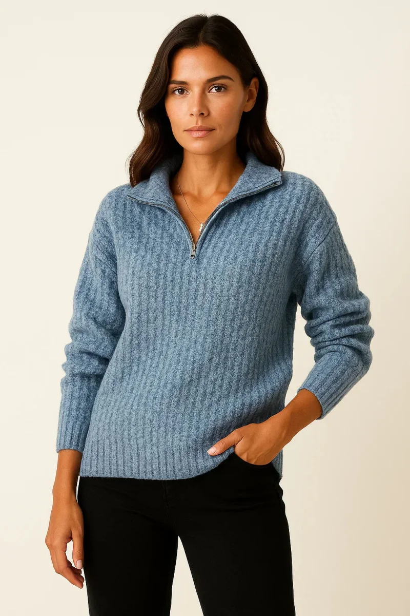 Pull en tricot côtelé avec col montant et fermeture à glissière – Image 3