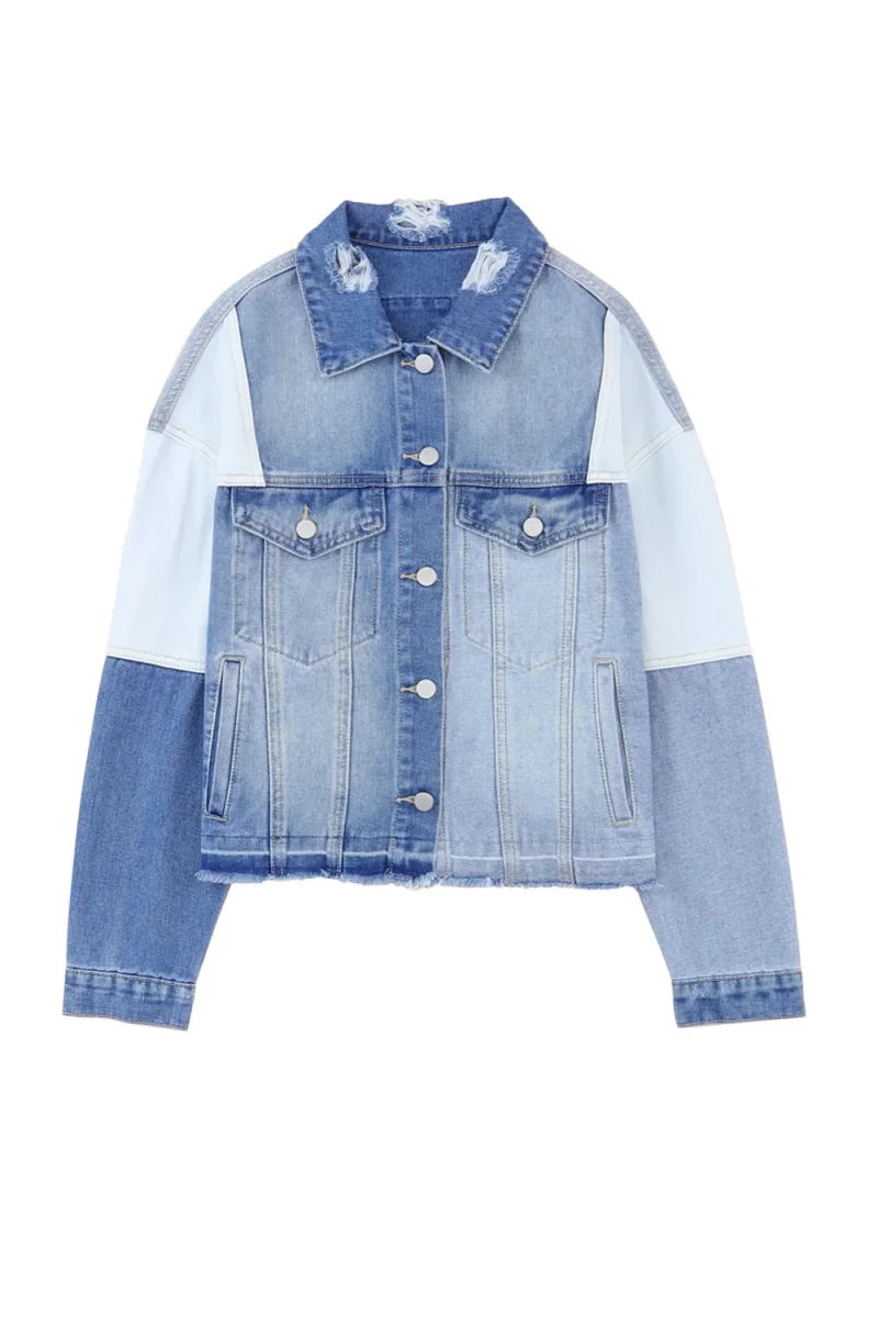 Veste en denim élégante avec patchwork et ourlet effiloché - Automne Femmes – Image 4