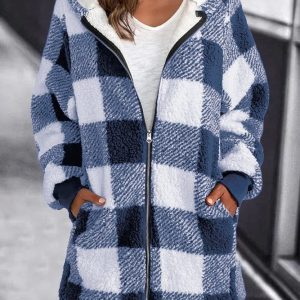 Veste zippée à capuche en polaire surdimensionnée à carreaux pour l'hiver