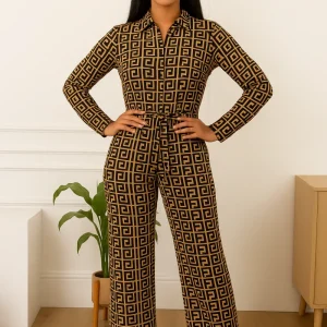 Hafsoit Mode – Combinaison chic imprimée à motifs géométriques noir et doré