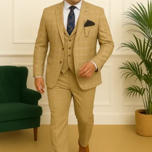 Costume trois pièces beige à carreaux – Collection Suitmen – Coupe Drop 6 – Taille 56