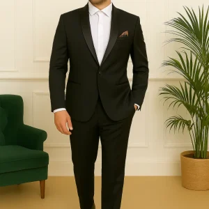 Costume homme bleu nuit à col satiné noir – Élégance moderne et allure raffinée