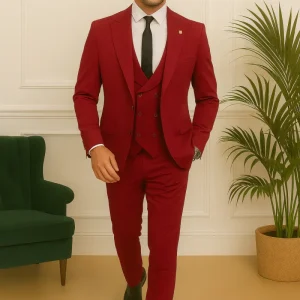 Costume trois pièces rouge bordeaux – Élégance masculine – Coupe moderne slim fit