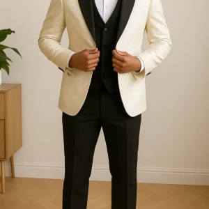 Hafsoit Mode – Costume homme ivoire brocart à col satiné noir – Tenue de cérémonie élégante  Pourquoi ce titre est idéal :