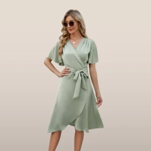 Robe Élégante Automnale pour Femmes - Robe mi-longue avec col en V et ceinture à nœud