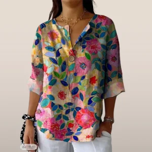 Chemisier féminin à imprimé floral automnal - Coupe ample et encolure en V avec bouton