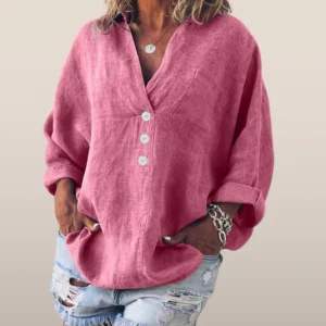 Chemisier en lin mélangé pour femme - Modèle surdimensionné décontracté avec fermeture à boutons, parfait pour l'automne