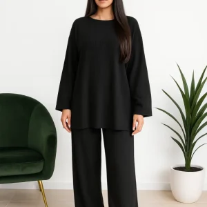 Hafsoit Mode – Ensemble large en maille côtelée – Vert olive ou Noir – Tenue chic & confort – Taille unique 38 à 48
