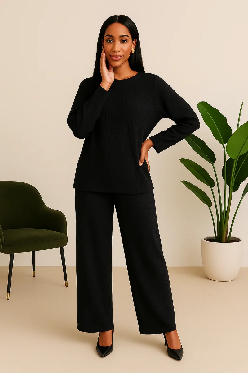 Hafsoit Mode – Ensemble large en maille côtelée – Vert olive ou Noir – Tenue chic & confort – Taille unique 38 à 48 – Image 4