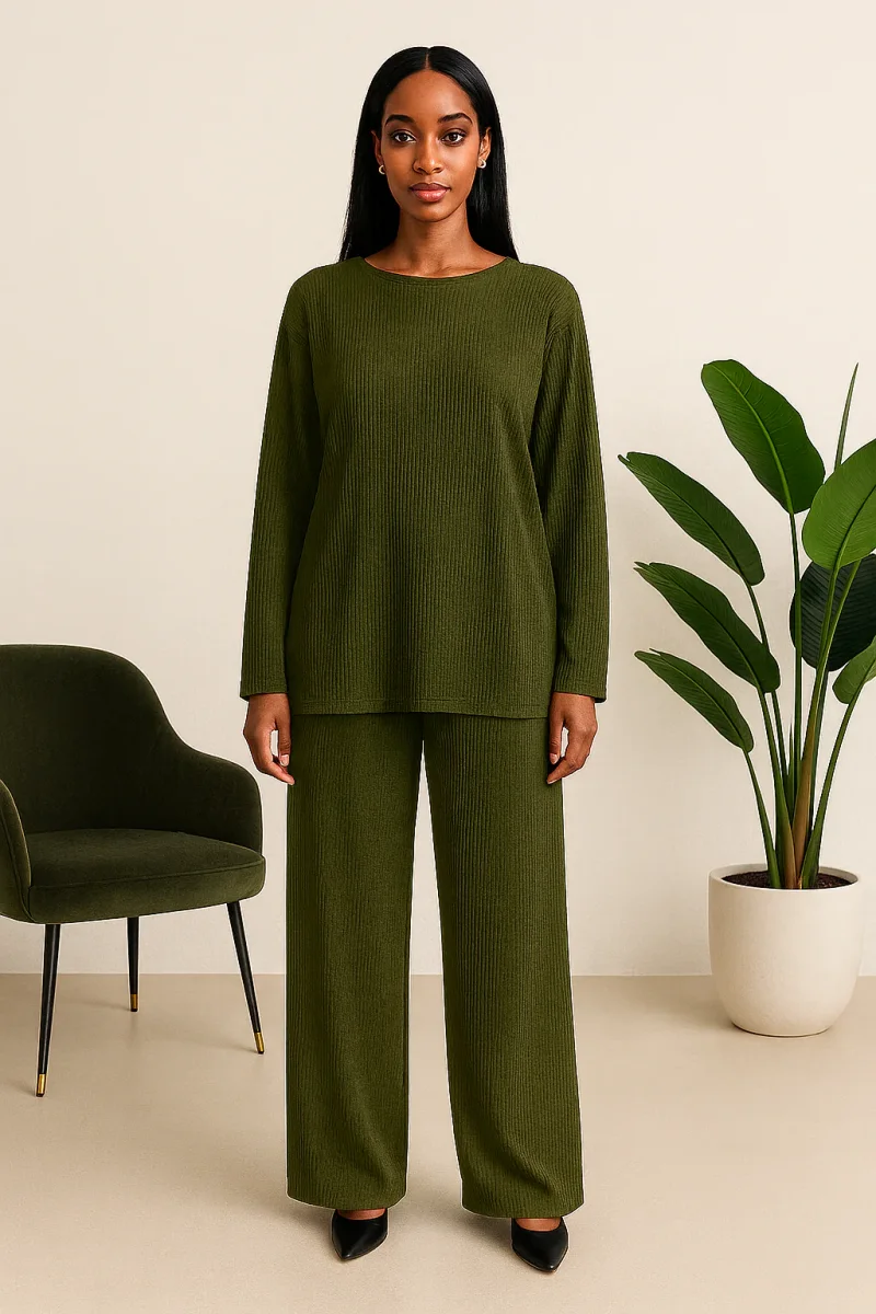 Hafsoit Mode – Ensemble large en maille côtelée – Vert olive ou Noir – Tenue chic & confort – Taille unique 38 à 48 – Image 3