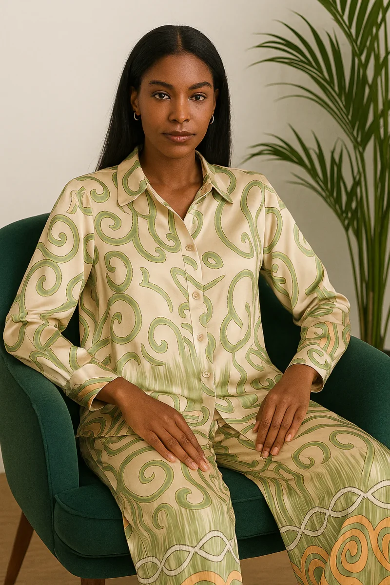 Ensemble chic femme en satin imprimé – Chemise fluide & pantalon large – Vert & beige – Image 5