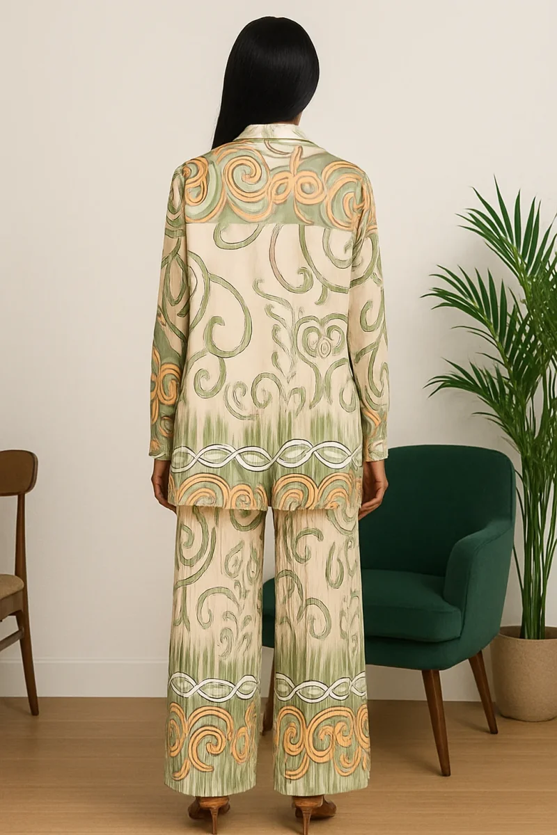 Ensemble chic femme en satin imprimé – Chemise fluide & pantalon large – Vert & beige – Image 4