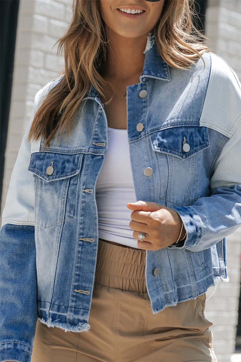 Veste en denim élégante avec patchwork et ourlet effiloché - Automne Femmes – Image 5