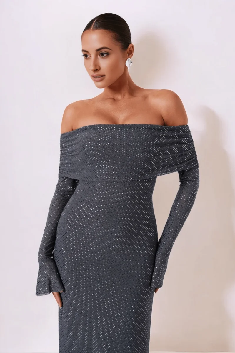 Robe longue de femme à épaules larges en polyester, idéale pour l'automne et festive pour le mariage – Image 7