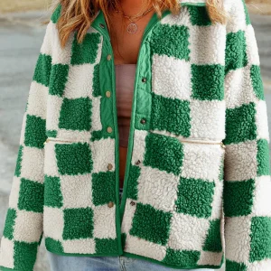 Veste d'hiver à carreaux en sherpa à boutons-pression pour femmes