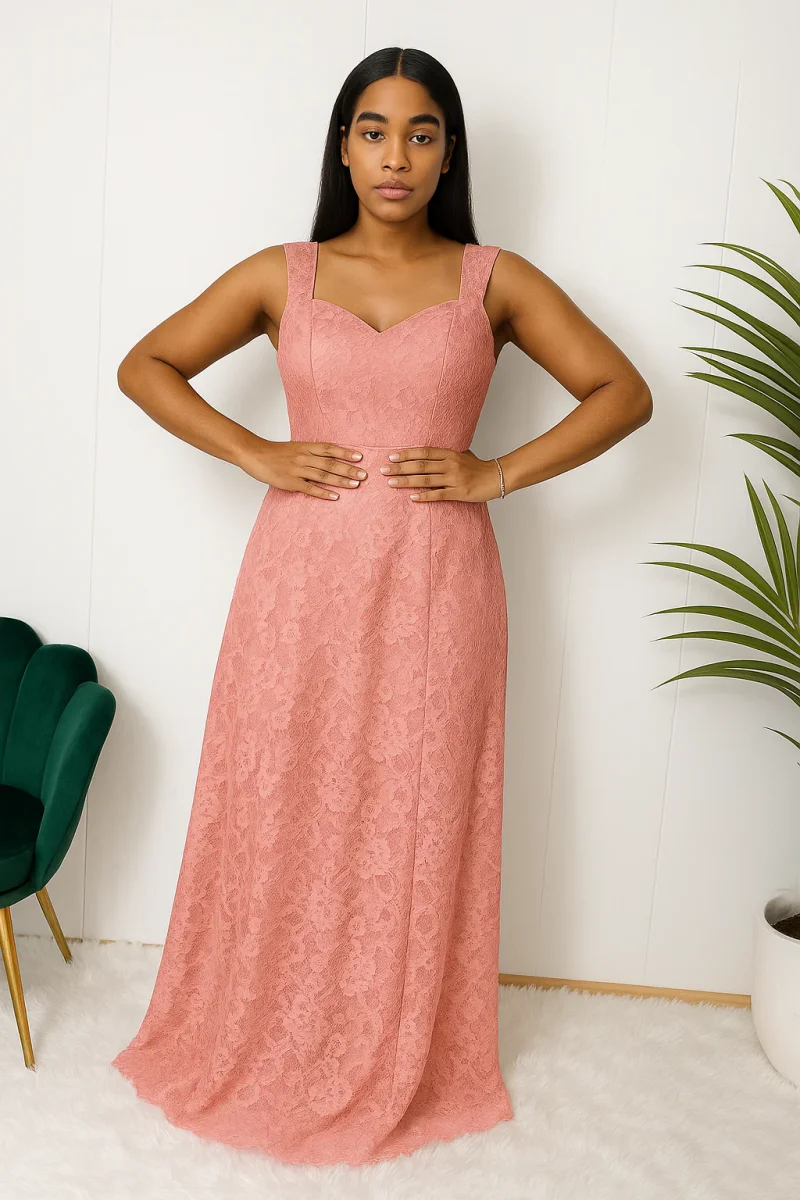 Hafsoit Mode – Robe longue en dentelle vieux rose – Élégance romantique et féminité intemporelle