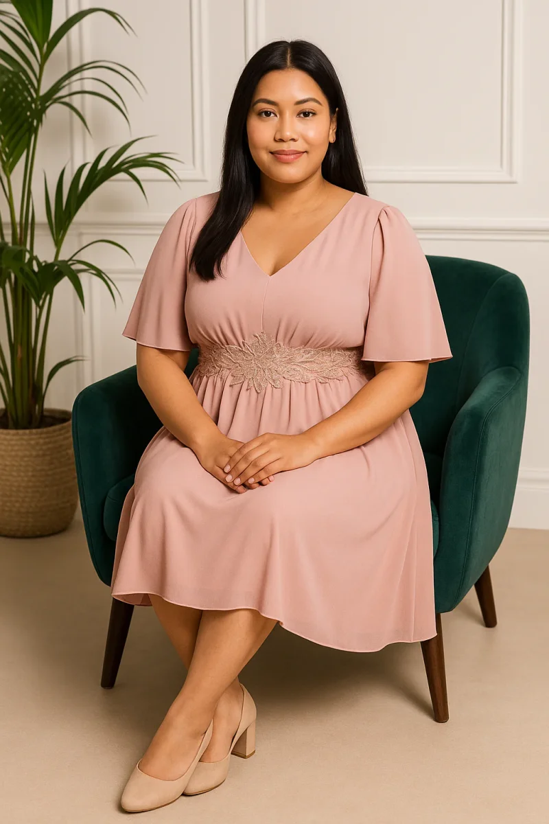 🌸 Robe de cérémonie rose poudré avec dentelle – Coupe fluide et manches papillon – Image 4