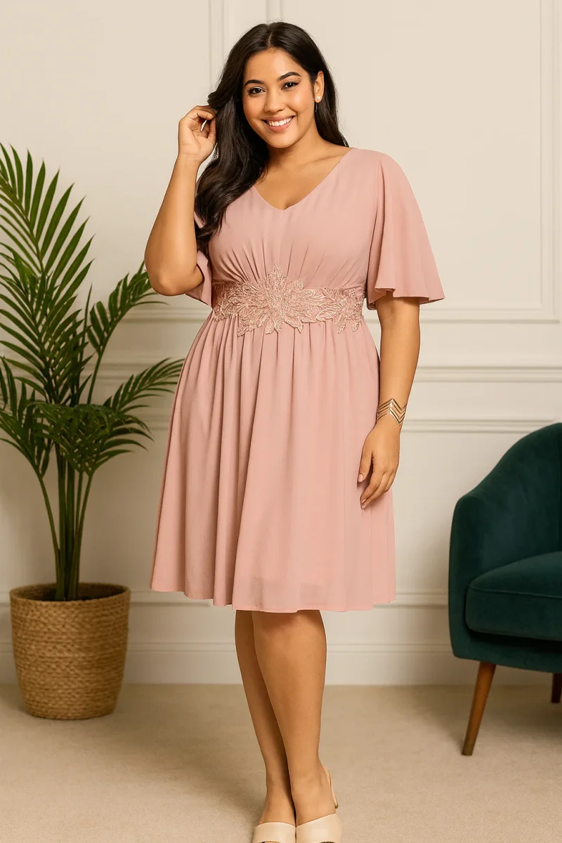 🌸 Robe de cérémonie rose poudré avec dentelle – Coupe fluide et manches papillon – Image 3