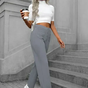Pantalon femme taille haute, boutonné et extensible