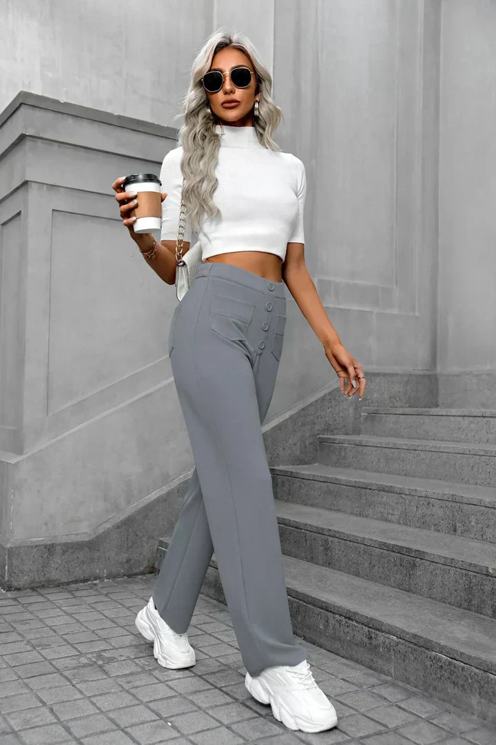 Pantalon femme taille haute, boutonné et extensible – Image 2