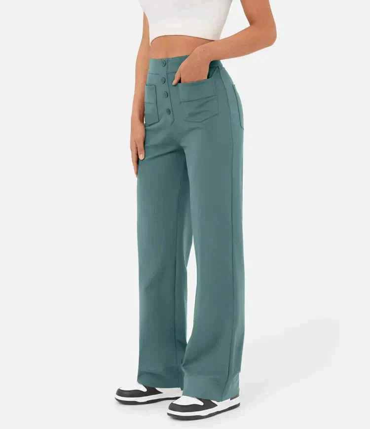 Pantalon femme taille haute, boutonné et extensible – Image 7