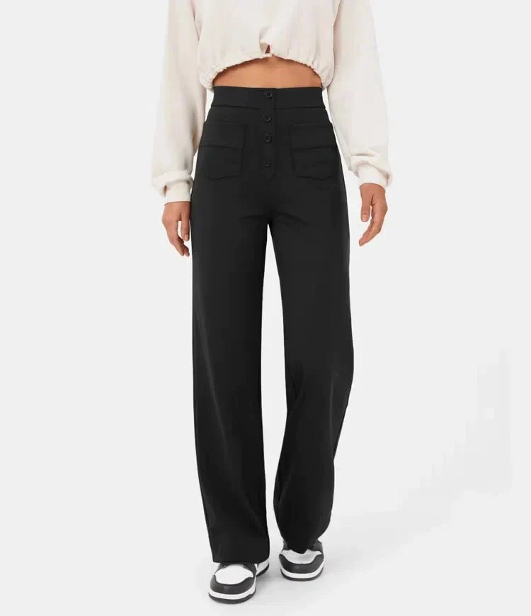Pantalon femme taille haute, boutonné et extensible – Image 9