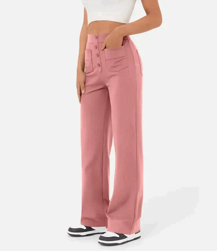 Pantalon femme taille haute, boutonné et extensible – Image 8