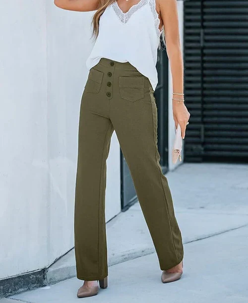 Pantalon femme taille haute, boutonné et extensible – Image 5