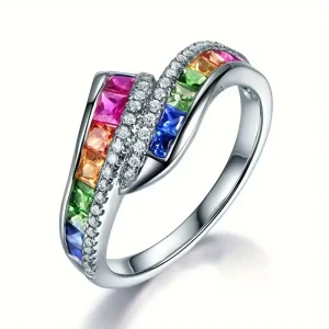 Bague en Argent avec Crystaux Incrustés Colorés
