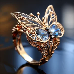 Bague Papillon en Cristal Bleu et Or