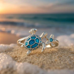 Bague en Argent avec Tortue en Opale Bleue