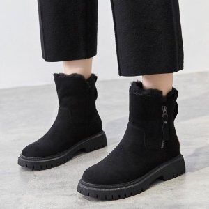 Bottines confortables pour femmes avec fermeture éclair latérale et fausse fourrure