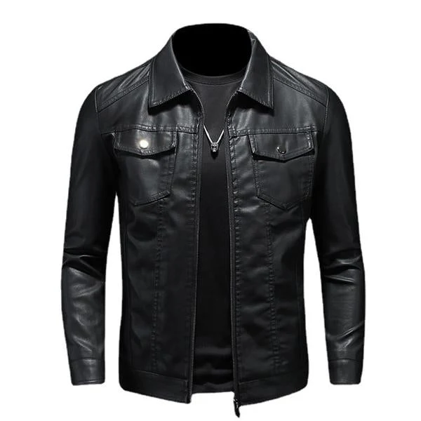 Homme - Veste de moto en cuir de première qualité avec col inversé et fermeture à glissière, coupe confortable, idéale pour l'automne