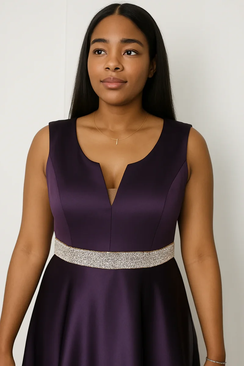 Hafsoit Mode – Robe de soirée longue violette satinée avec ceinture argentée – Élégance et modernité – Image 4