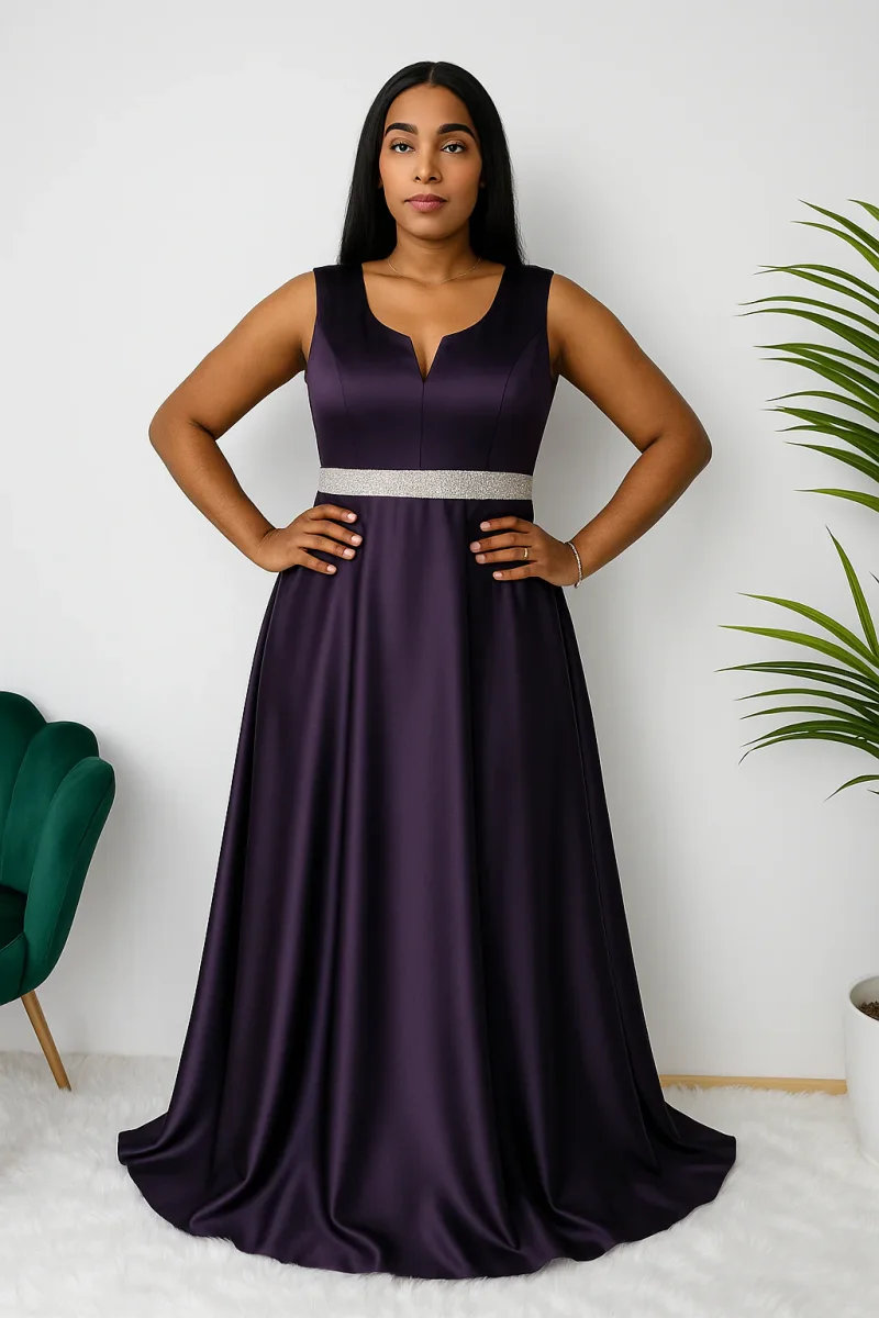 Hafsoit Mode – Robe de soirée longue violette satinée avec ceinture argentée – Élégance et modernité – Image 3