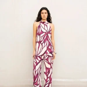 Pantalon Motif Ample Fluide Violet Bordeaux