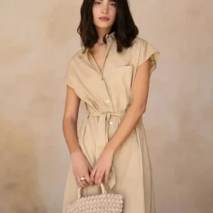 Robe Chemise Beige Midi en Popeline