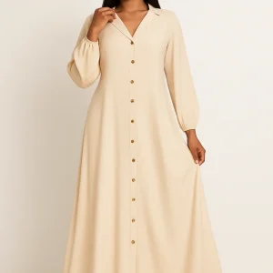 Hafsoit Mode – Robe longue fluide boutonnée – Noir, Crème & Beige – Élégance chic – Taille unique 38/48