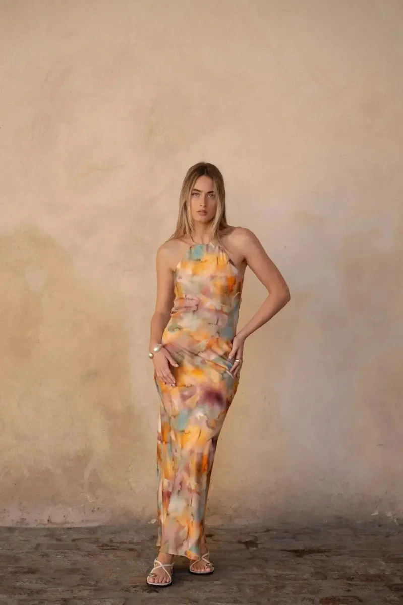 Robe Satin Longue Imprimée Aquarelle Multicolore – Image 8