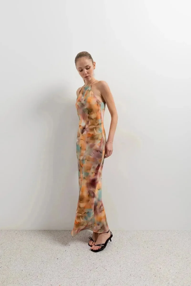 Robe Satin Longue Imprimée Aquarelle Multicolore – Image 4