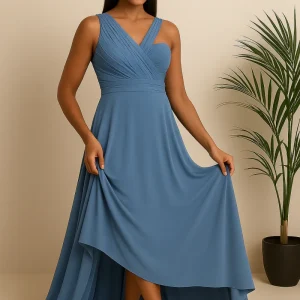 Hafsoit Mode – Robe longue fluide de soirée en bleu poussière – Elégante, classe et moderne