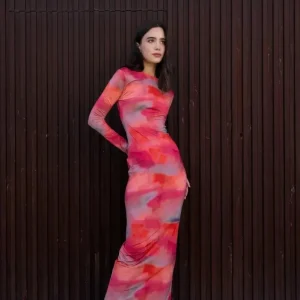 Robe Moulante Tie-Dye À Manches Longues, Dos Nu