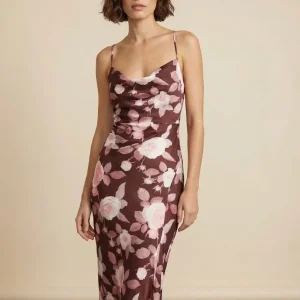 Robe Longue Fleurie Femme En Satin, Dos Nu Croisé, Fente Élégante