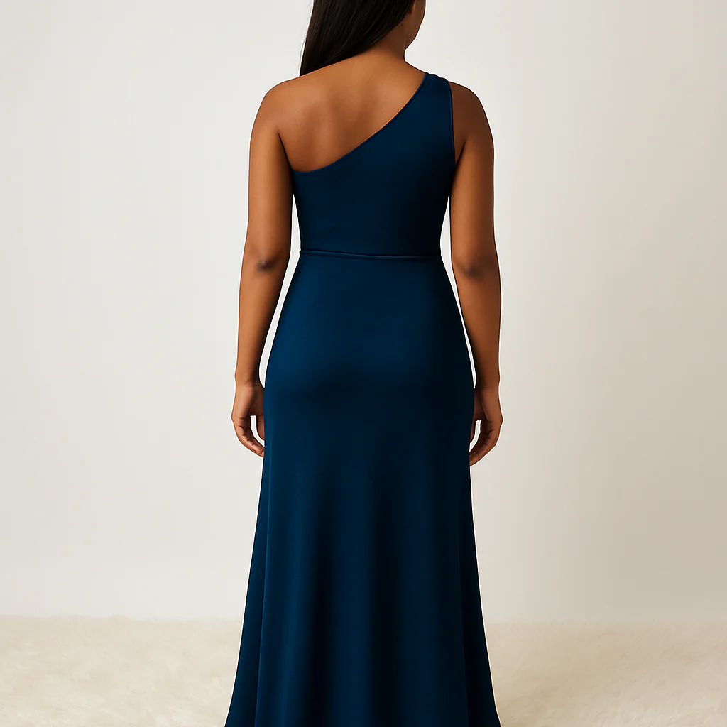 Robe longue une épaule bleu nuit avec fente élégante – Hafsoit Mode – Image 5