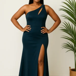 Robe longue une épaule bleu nuit avec fente élégante – Hafsoit Mode