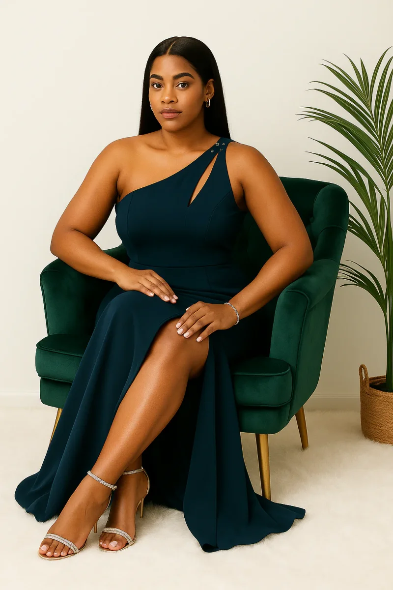 Robe longue une épaule bleu nuit avec fente élégante – Hafsoit Mode – Image 3