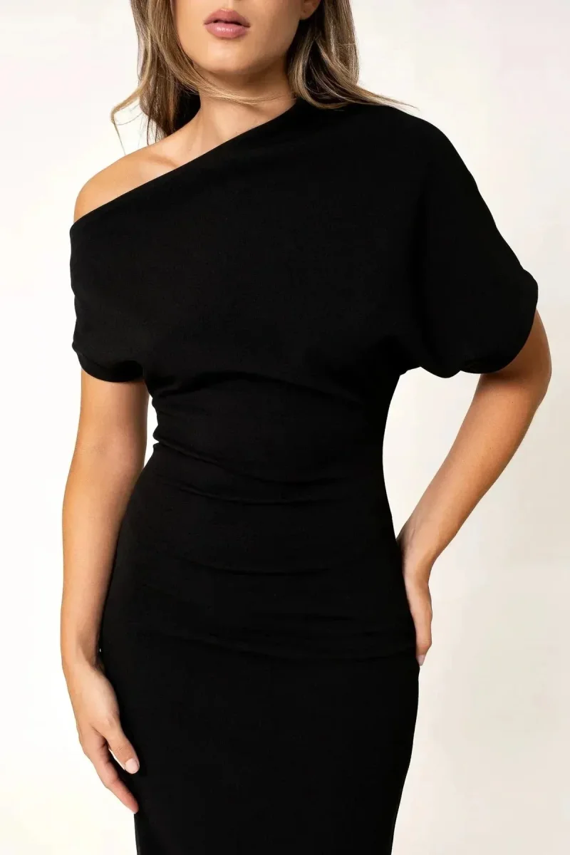 Robe Asymétrique Mi Longue Noire – Image 7