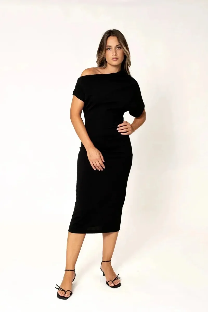 Robe Asymétrique Mi Longue Noire – Image 6