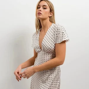 Robe À Petit Pois Blancs Et Noirs, Midi Fluide, Décolleté V, Manches Volantées Chic